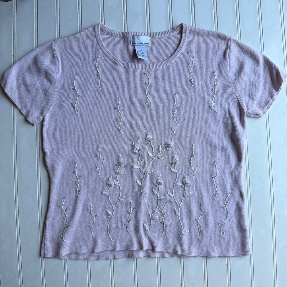 KB Collections Pink Short Sleeve Embroidered Floral Knit Sweater Top Small